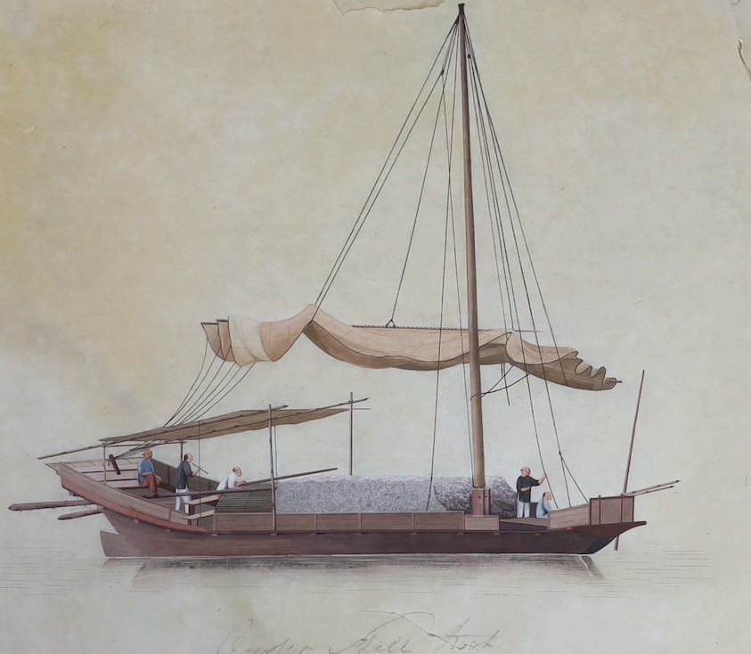 19th century Chinese School, nine gouaches on pith paper, Studies of water-going vessels, inscribed in Chinese and titled in English, giving the names and uses of the various vessels, 29 x 34cm